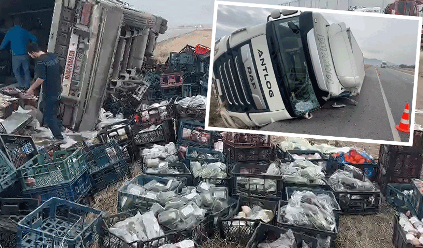 Emirdağ'da meyve yüklü tır şarampole yuvarlandı