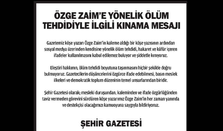 Özge Zaim’e yönelik ölüm tehdidiyle ilgili kınama mesajı